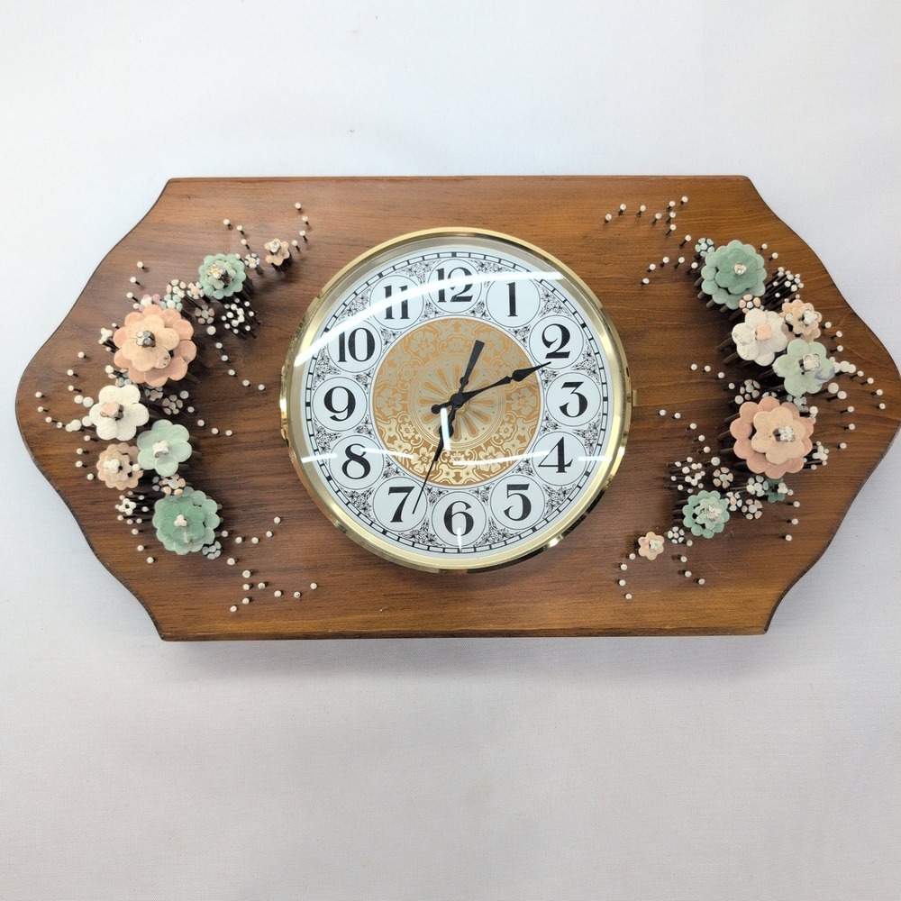 Pol-O-Craft Wall Clock Brown Vintage 1975 Nails In Bloom Floral NailArt 451-1
